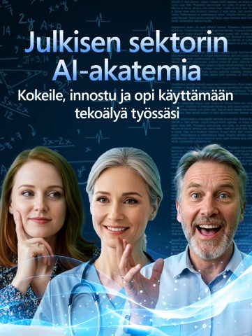 Julkisen sektorin AI-akatemian mainoskuva. Kuvassa on opettaja, sote-alan ammattilainen ja virkahenkilö kuvattuna.