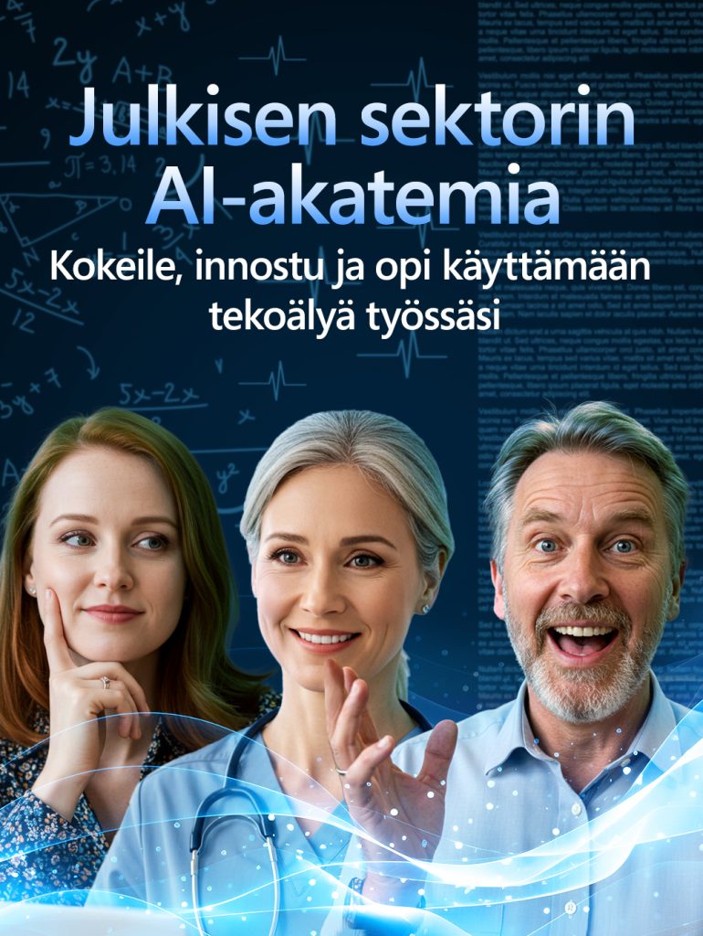 Julkisen sektorin AI-akatemian mainoskuva. Kuvassa on opettaja, sote-alan ammattilainen ja virkahenkilö kuvattuna.
