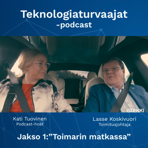 Teknologiaturvaajat-podcastin 2. tuotantokauden 1. jakson kansikuva. Podin host Kati Tuovinen ja toimitusjohtaja Lasse Koskivuori istuvat autossa ja kamera kuvaa heitä edestä.