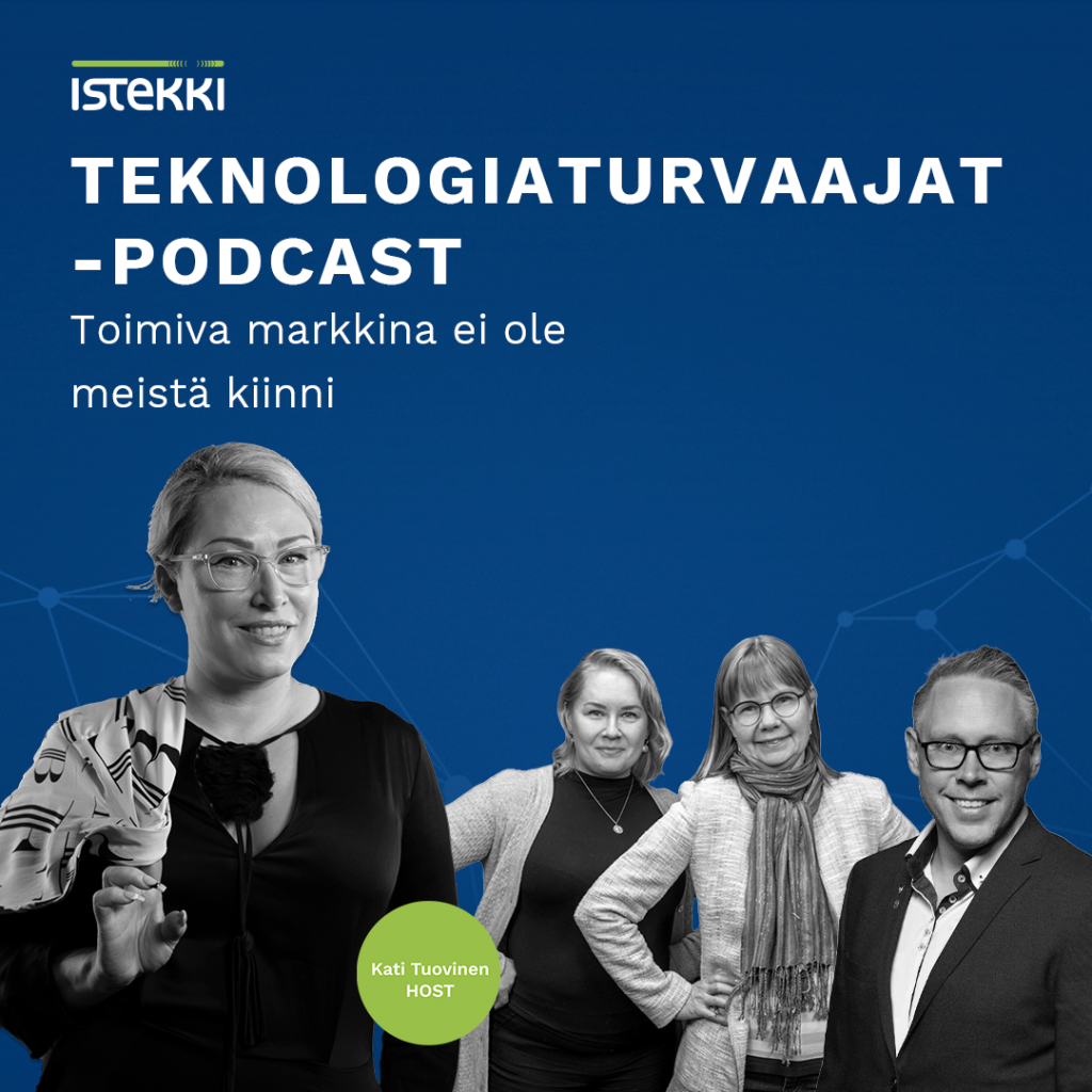 Teknologiaturvaajat-podcastin jakson mainoskuva. Host Kati Tuovinen ja vieraat Jocka Träskbäck, Saila Pekkarinen ja Laura Ylitalo harmaalla sinistä taustaa vasten.