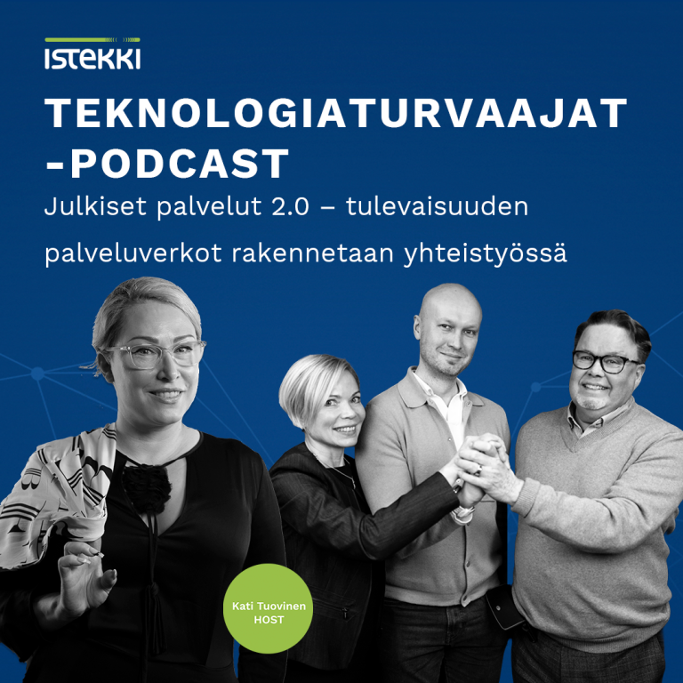Teknologiaturvaajat-podcast jakson 4 mainoskuva, jossa host Kati Tuovinen sekä vieraat musta-valkoisina sinistä taustaa vasten.