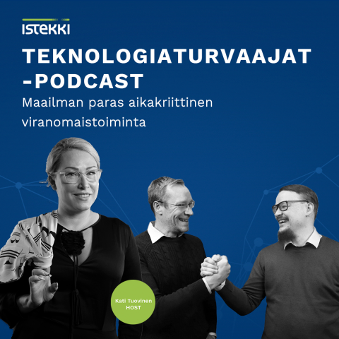 Teknologiaturvaajat-podcastin mainoskuva. Kati Tuovinen ja vieraat harmaina tummansinistä taustaa vasten.
