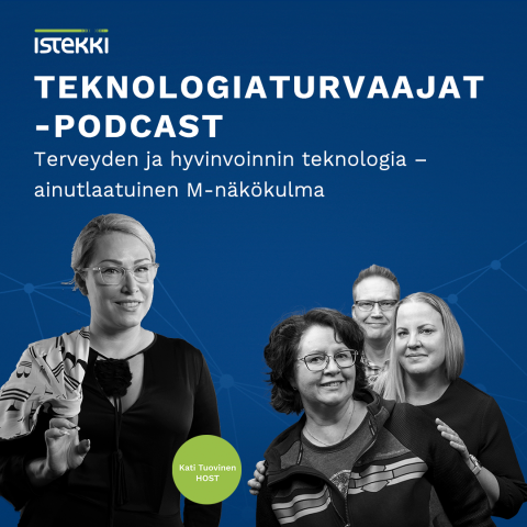 Teknologiaturvaat-podcastin jakson 9 mainoskuva, jossa Kati Tuovinen on vieraiden Kati Liljeroosin, Marja Kuosmasen ja Mikko Väätäisen kanssa harmaana tummansinistä taustaa vasten.