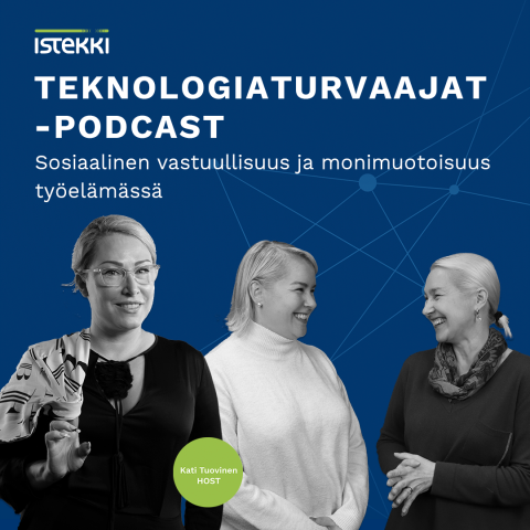 Teknologiaturvaajat-podcastin jakso 3: Sosiaalinen vastuullisuus ja monimuotoisuus työelämässä. Kuvassa on jakson vieraiden Laura Ylitalon ja Minna Tuominen-Thuesen sekä host Kati Tuovisen musta-valkoiset kuvat tummansinistä taustaa vasten.