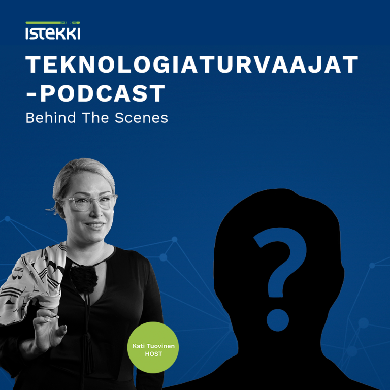 Teknologiaturvaajat-podcast jakson 10 mainoskuva. Sinistä taustaa vasten on Kati Tuovisen potretti sekä mysteeripotretti, jossa näkyy hahmon ääriviivat ja kysymysmerkki.