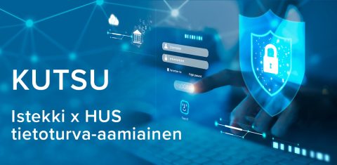 Kutsu Istekki x HUS tietoturva-aamiaiselle 16.5. klo 9 alkaen. Vaaleansinisen tausta, jonka päällä on yksi sormi osoittamassa kohti salasanaa ja käyttäjätunnuksen kenttää.