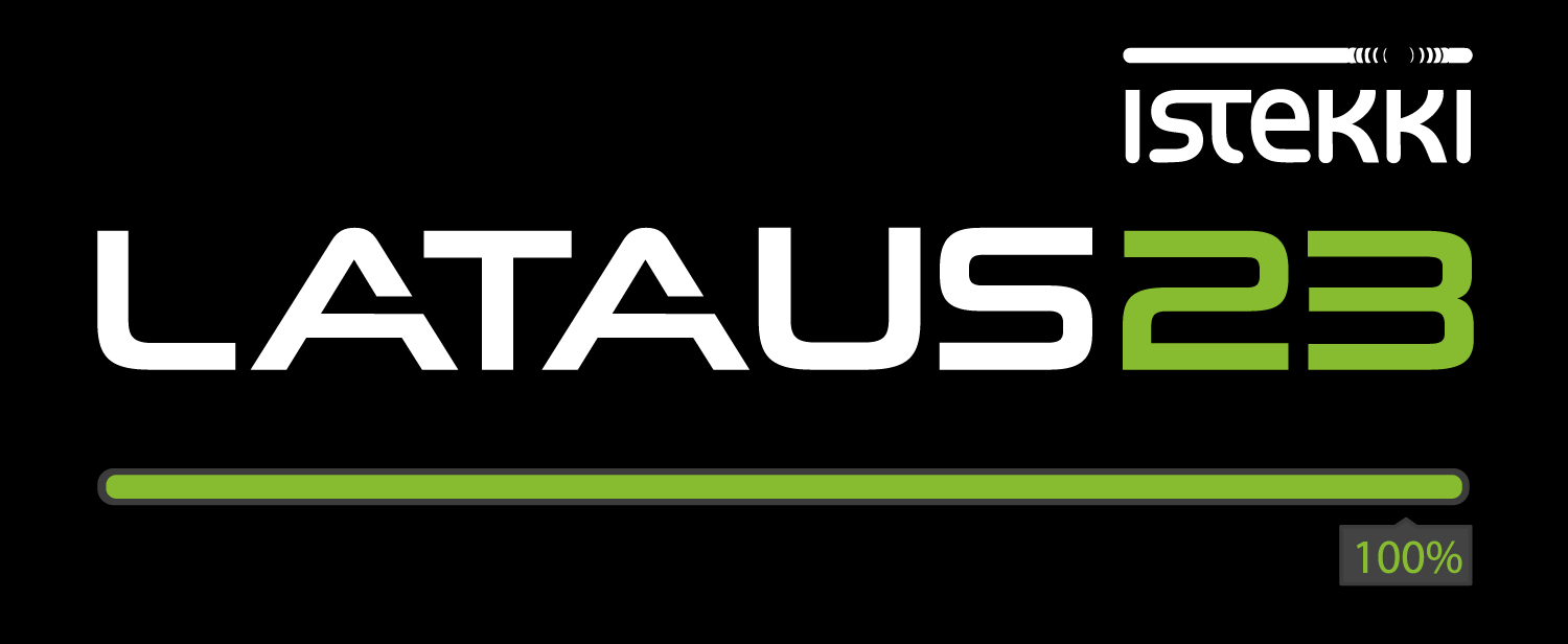 Istekin Lataus23-asiakaspäivien logo, Lataus23 teksti mustalla pohjalla sekä latausprosentti 100%