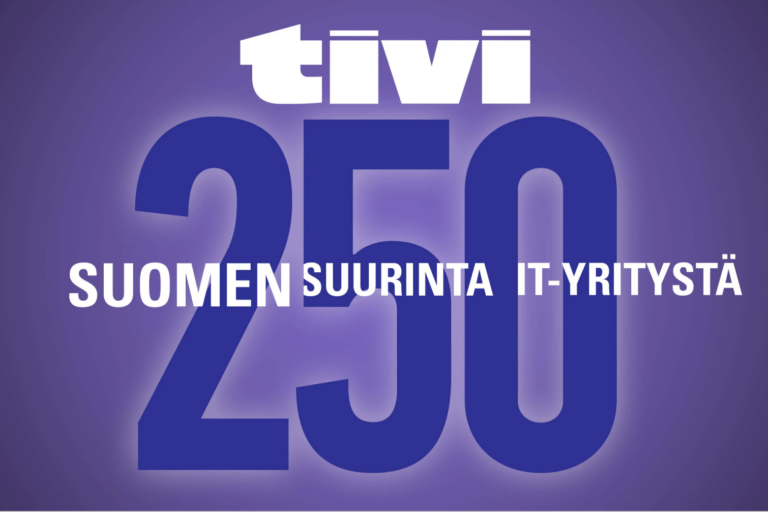 Tivi 250 suurinta IT alan yritystä -teksti sinisellä violettia taustaa vasten.