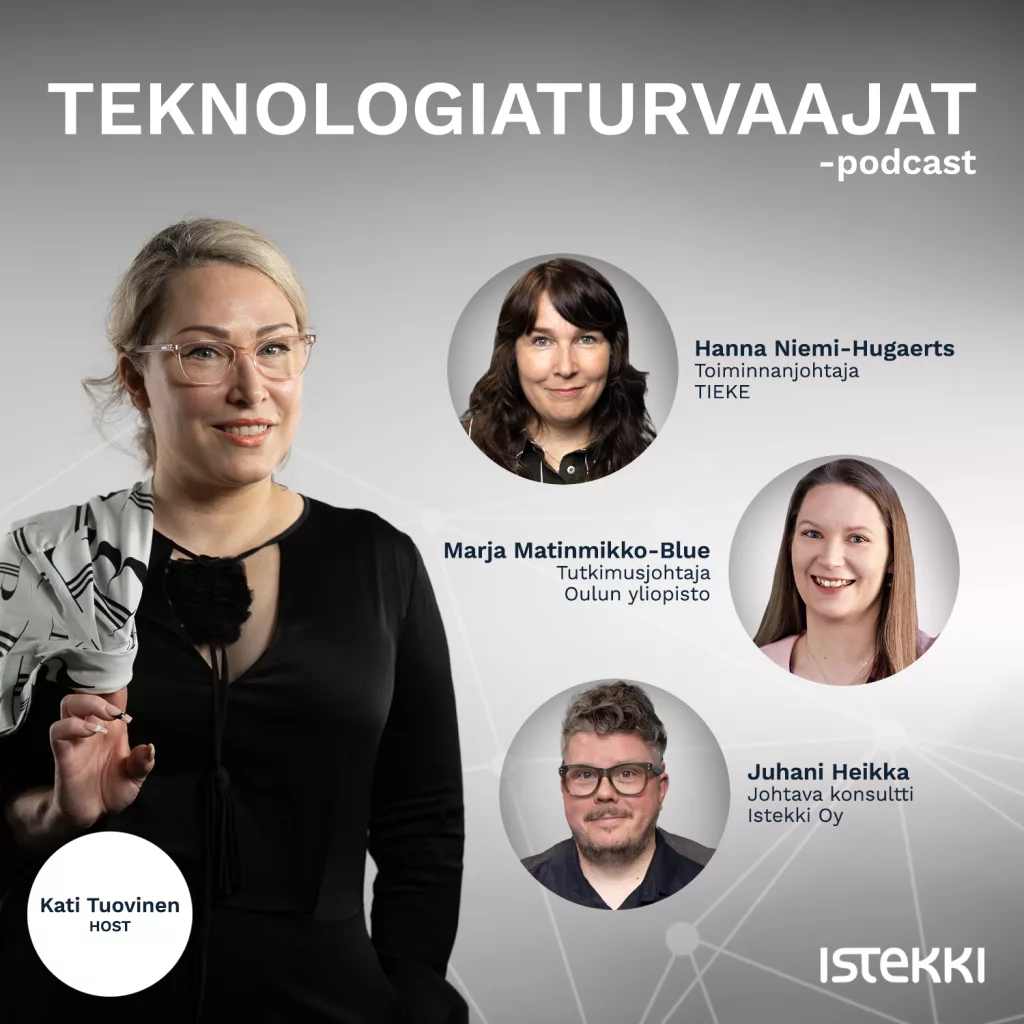 Teknologiaturvaajat-podcastin 10. jakson mainoskuva, jossa host Kati Tuovinen ja vieraat Marja Matinmikko-Blue, Hanna Niemi-Hugaerts ja Juhani Heikka kuvattuna harmaata taustaa vasten.