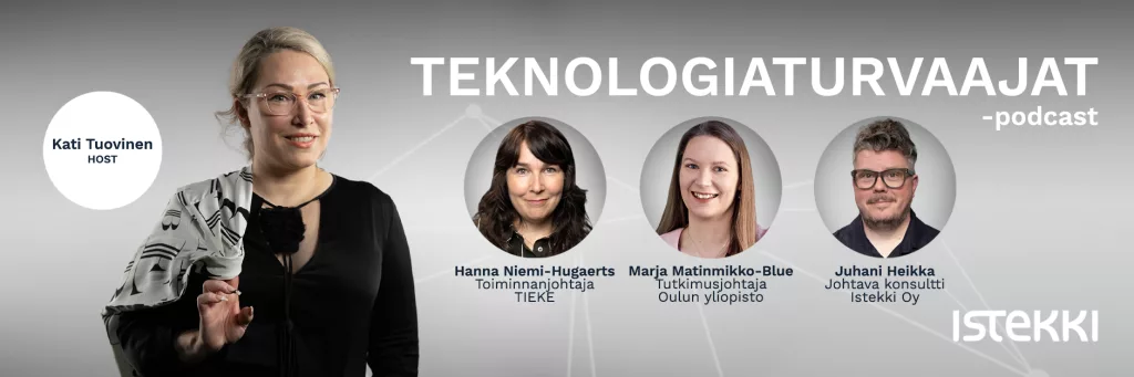 Teknologiaturvaajat-podcastin 10. jakson mainoskuva, jossa host Kati Tuovinen ja vieraat Marja Matinmikko-Blue, Hanna Niemi-Hugaerts ja Juhani Heikka kuvattuna harmaata taustaa vasten.