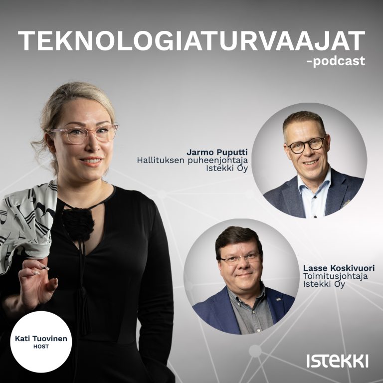 Teknologiaturvaajat-podcastin mainoskuva, jossa Kati Tuovisen, Lasse Koskivuoren ja Jarmo Puputin potretit harmaata taustaa vasten.