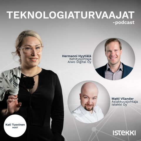 Teknologiaturvaajat-podcastin mainoskuva, jossa on Kati Tuovisen, Hermanni Hyytiälän ja Matti Vilanderin potretit harmaata taustaa varten.