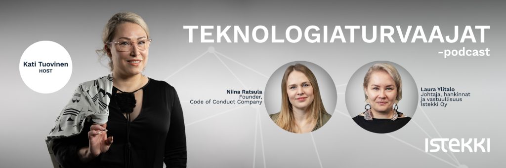 Teknologiaturvaajat-podcastin mainoskuva, jossa on Kati Tuovisen, Laura Ylitalon ja Niina Ratsulan potretit harmaata taustaa vasten.
