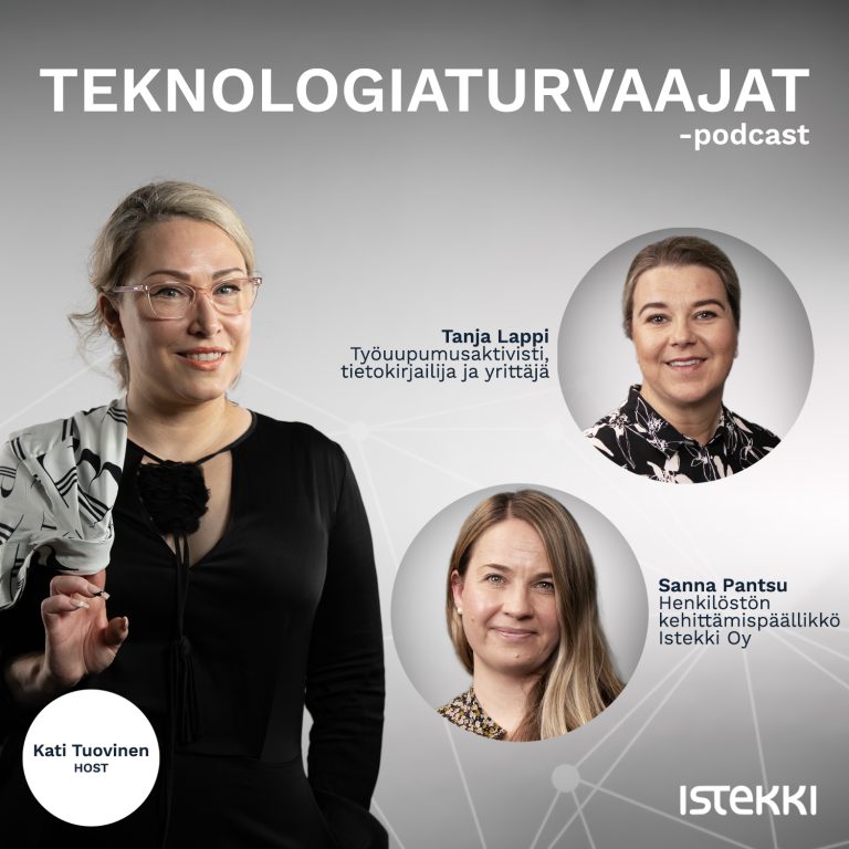 Teknologiaturvaajat-podcastin mainoskuva, jossa Kati Tuovisen, Tanja Lapin ja Sanna Pantsun kuvat harmaata taustaa varten.
