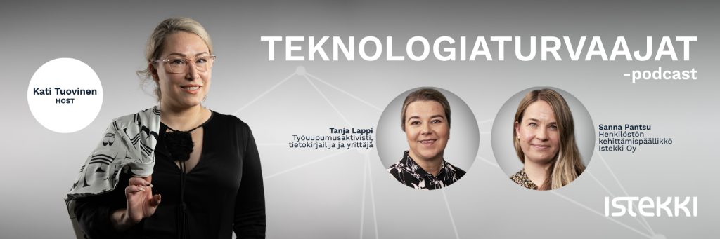 Podcastin mainoskuva jossa Kati Tuovisen, Tanja Lapin ja Sanna Pantsun potretit harmaata taustaa vasten.