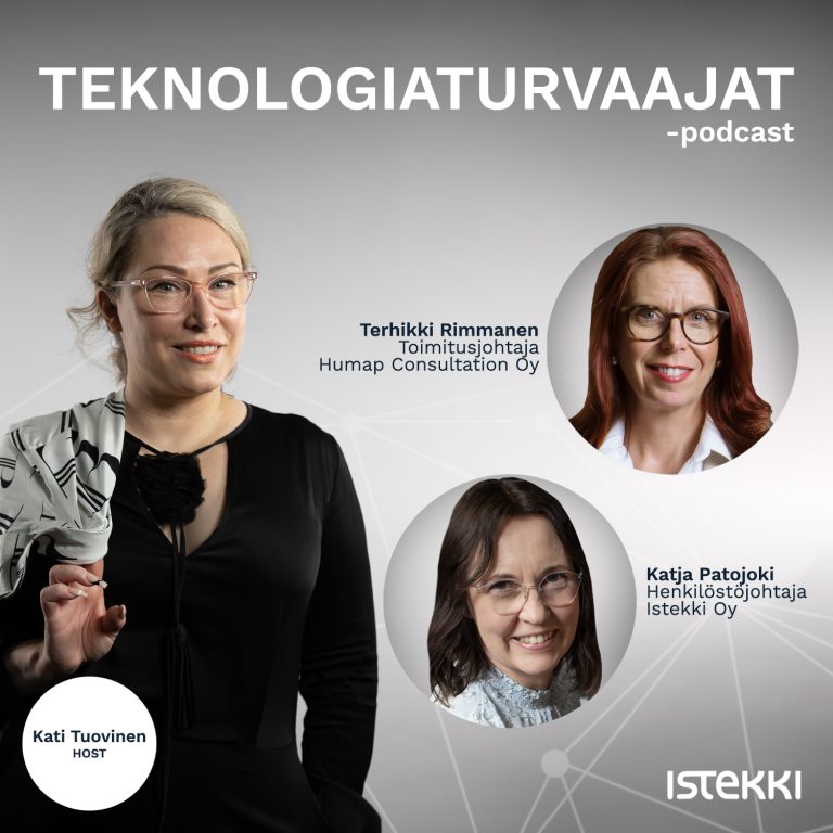 Teknologiaturvaajat-podcastin mainoskuva, jossa Kati Tuovisen, Terhikki Rimmasen ja Katja Patojoen potretit harmaata taustaa vasten.