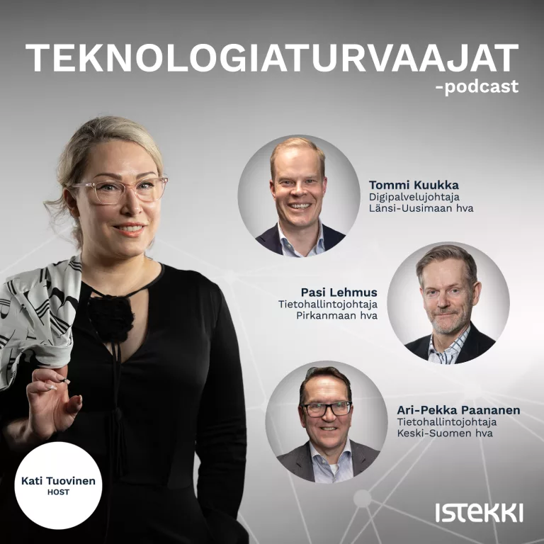 Teknologiaturvaajat-podcastin mainoskuva, jossa host Kati Tuovisen sekä vieraiden Tommi Kuukan, Ari-Pekka Paanansen ja Pasi Lehmuksen potretit harmaata taustaa vasten.